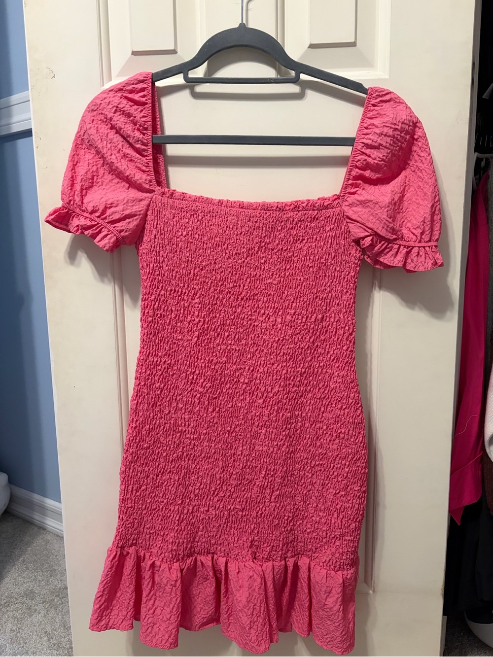 Zara Hot Pink Smocked Puff-Sleeve Mini Dress